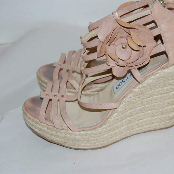 40/9❤️ JIMMY CHOO Nude Leather High Wedge Heels Flora Sandals BOOTS ITALY - Picture 2 of 10